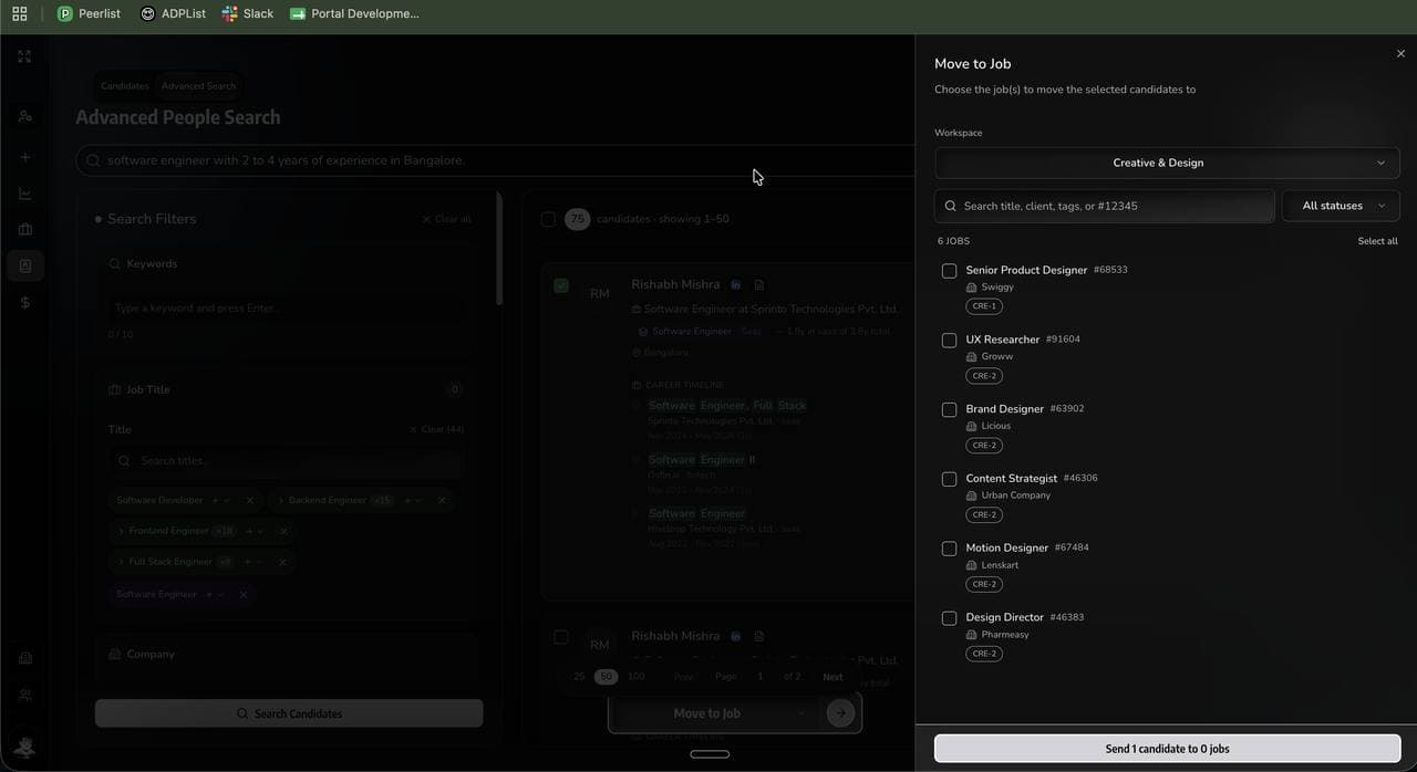 Panel listing six live roles with client names and requisition IDs, used when moving candidates between jobs and workspaces