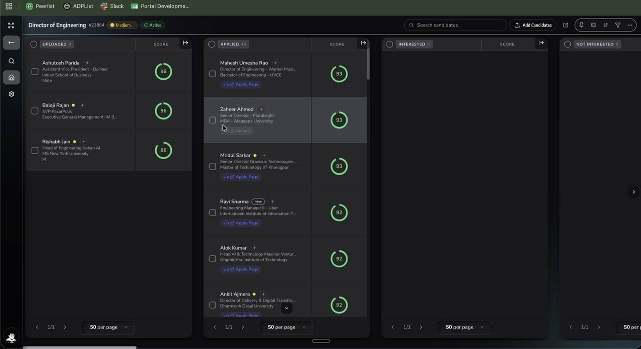 Staffing pipeline with candidates across stage columns, each showing a match score of 96, 93 or 92