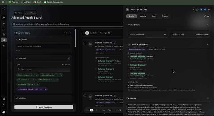 Sortinghat profile from a LinkedIn-sourced record: experience, career timeline, education and summary