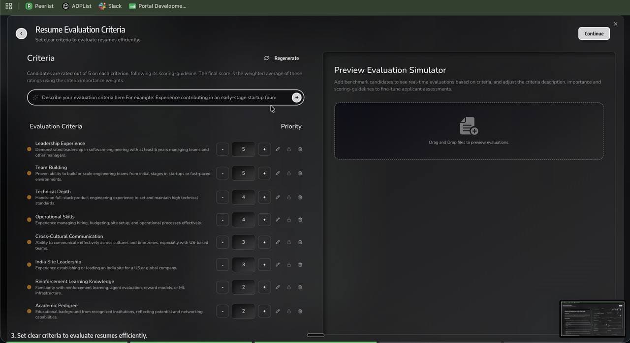 Evaluation criteria screen showing generated criteria with descriptions and editable priority weights