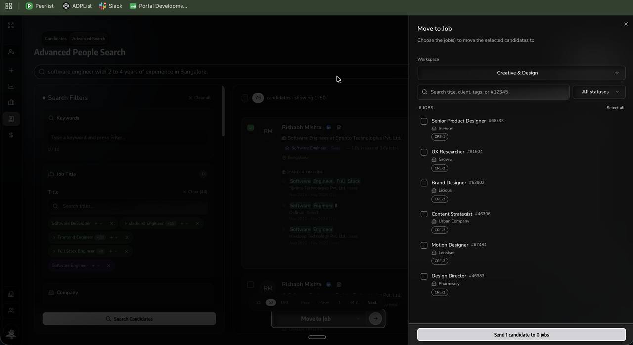 Sortinghat Move to Job panel: adding a sourced candidate to one of six open roles with client names shown