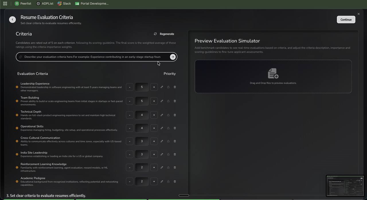 Evaluation criteria screen showing generated criteria with descriptions and editable priority weights